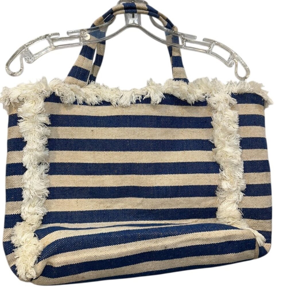 Bujibaja as new blue white beach stripe fringe trim tote bag